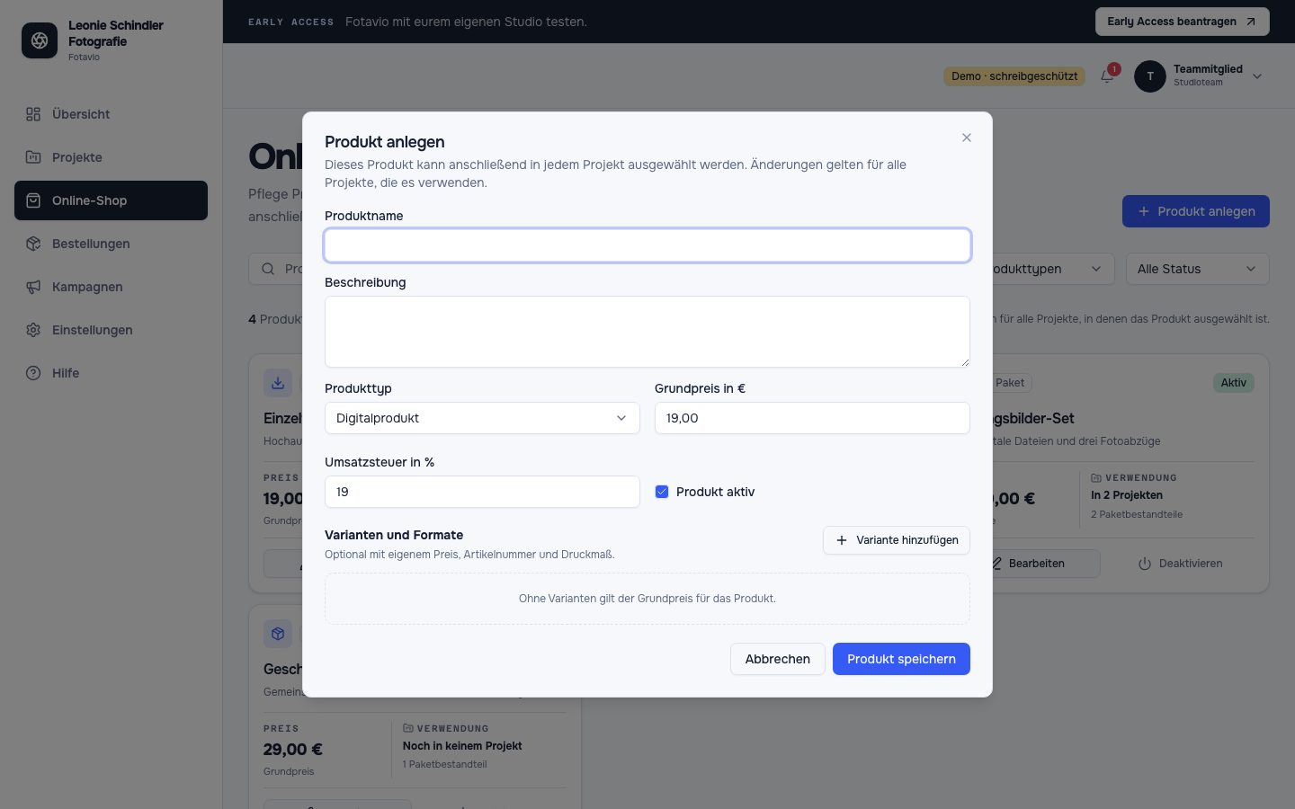 Geöffneter Fotavio-Produkteditor für ein neues Shopprodukt