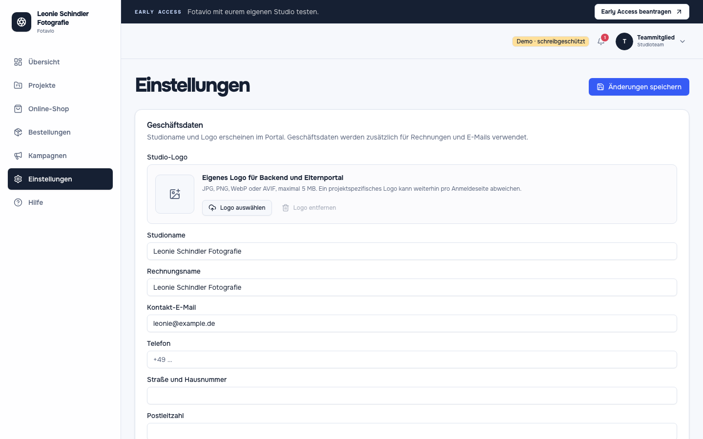 Fotavio-Oberfläche zum Thema Studio einrichten