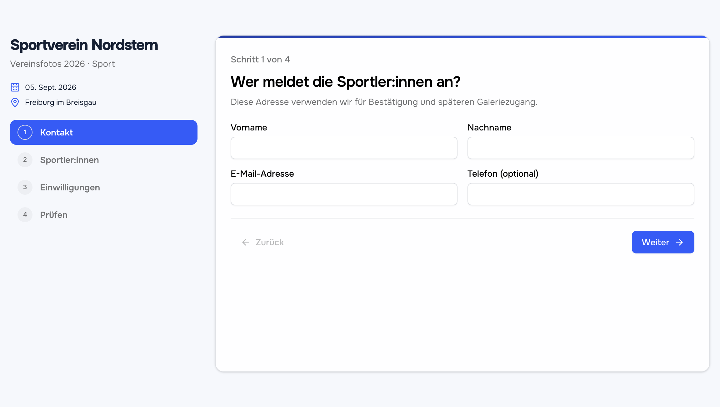 Öffentliche Fotavio-Anmeldung für Eltern mit Projektdaten und Kontaktformular