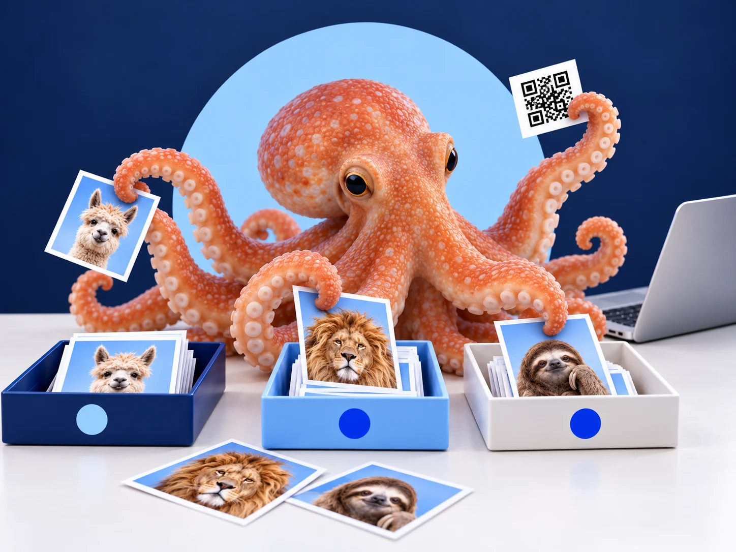 Freundliche Krake sortiert Tierporträts und QR-Codes in verschiedene Gruppen