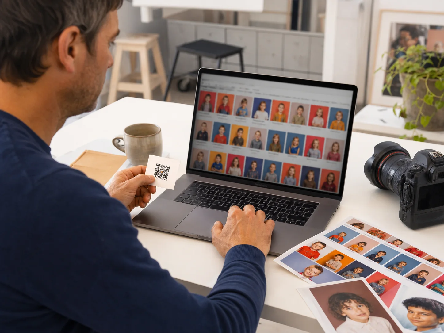 Fotograf prüft Porträts und eine QR-Zuordnung am Laptop